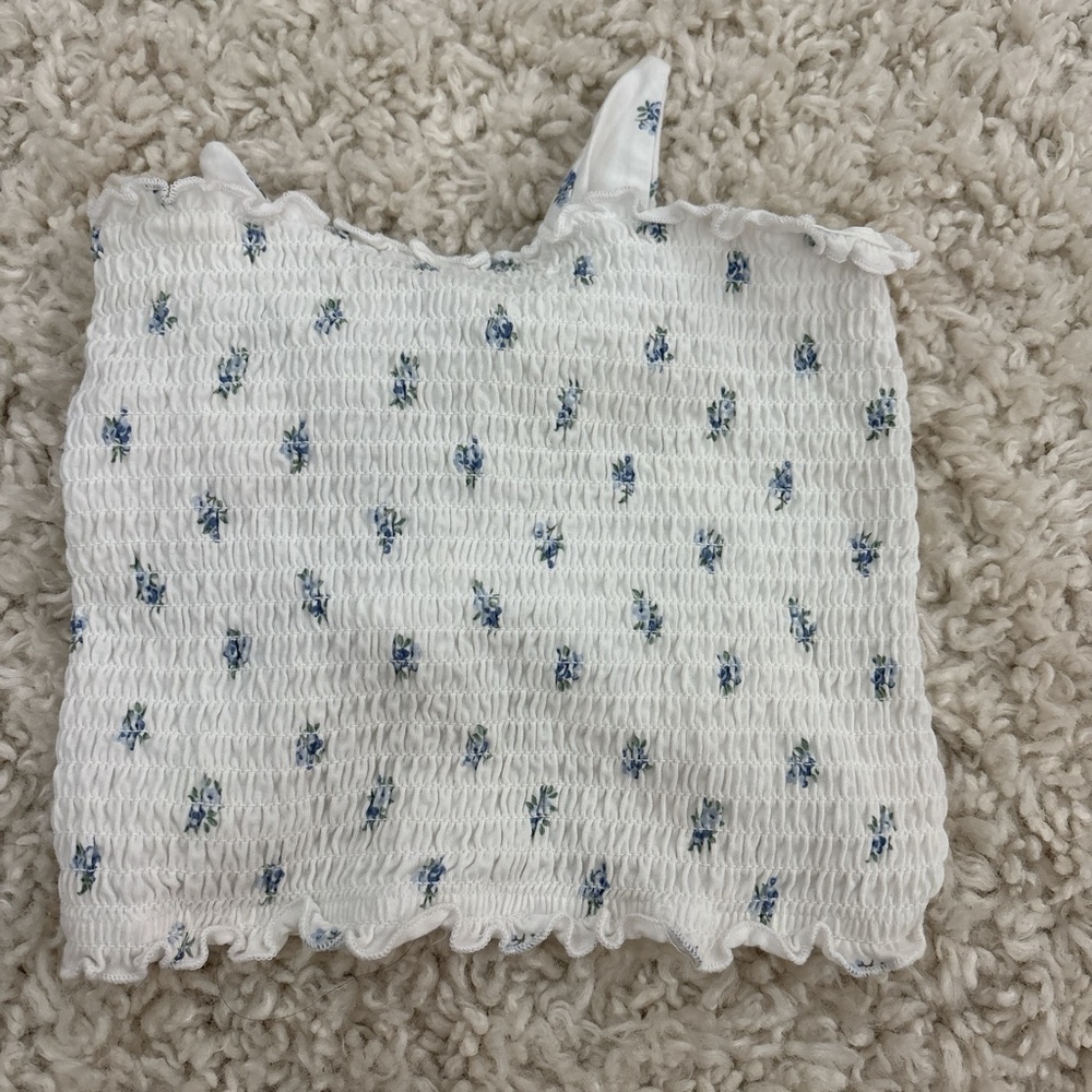 Hollister White Smocked Crop Top with Blue Floral Print